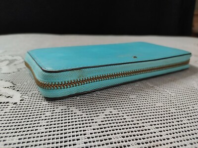 Kate Spade New York Leather Zip Around Wallet S363 Teal Blue Inner