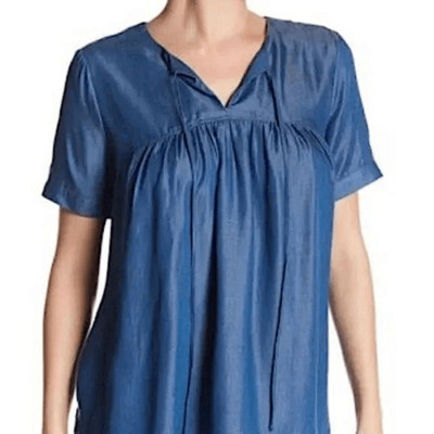 Ro + De blue Chambray blue Tie Neck Tencel Top coastal beachy lagenlook S