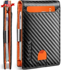 Slim RFID-Blocking Men's Wallet with Money Clip - Carbon Black & Orange New Hot