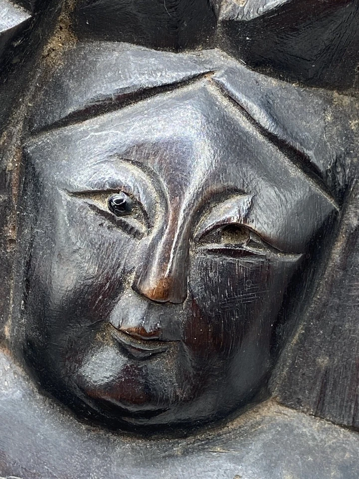 Beautiful Antique Chinese Buddhist Silver Inlay Carved ￼Dark Wood & Brass Gong - Image 3 of 4