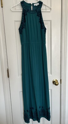 THML womens imala Embroidered maxi dress halter sleeveless teal green size  M | eBay