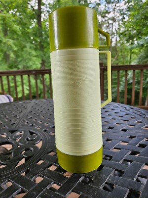 Vintage Aladdin's Dura Clad One Quart Thermos Bottle in Two Tone avocado Green