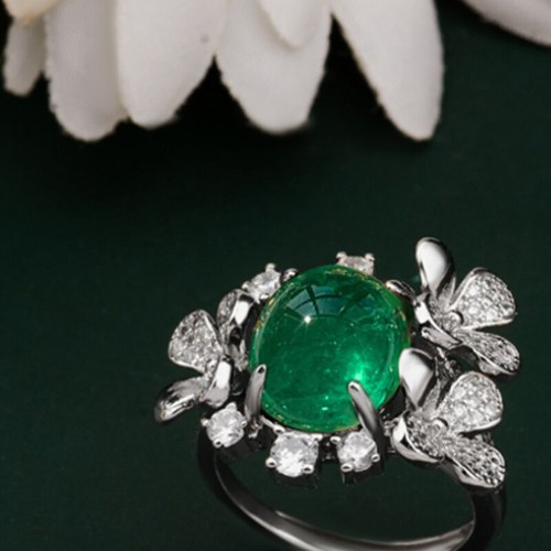 Oval Emerald Gemstone Ring White Gold Crystal Flower Womens Wedding Bridal Ring - Picture 4 of 18