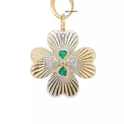 Designer Clover Diamond Charm 925 Sterling Silver Emerald Fluted Charm Pendant