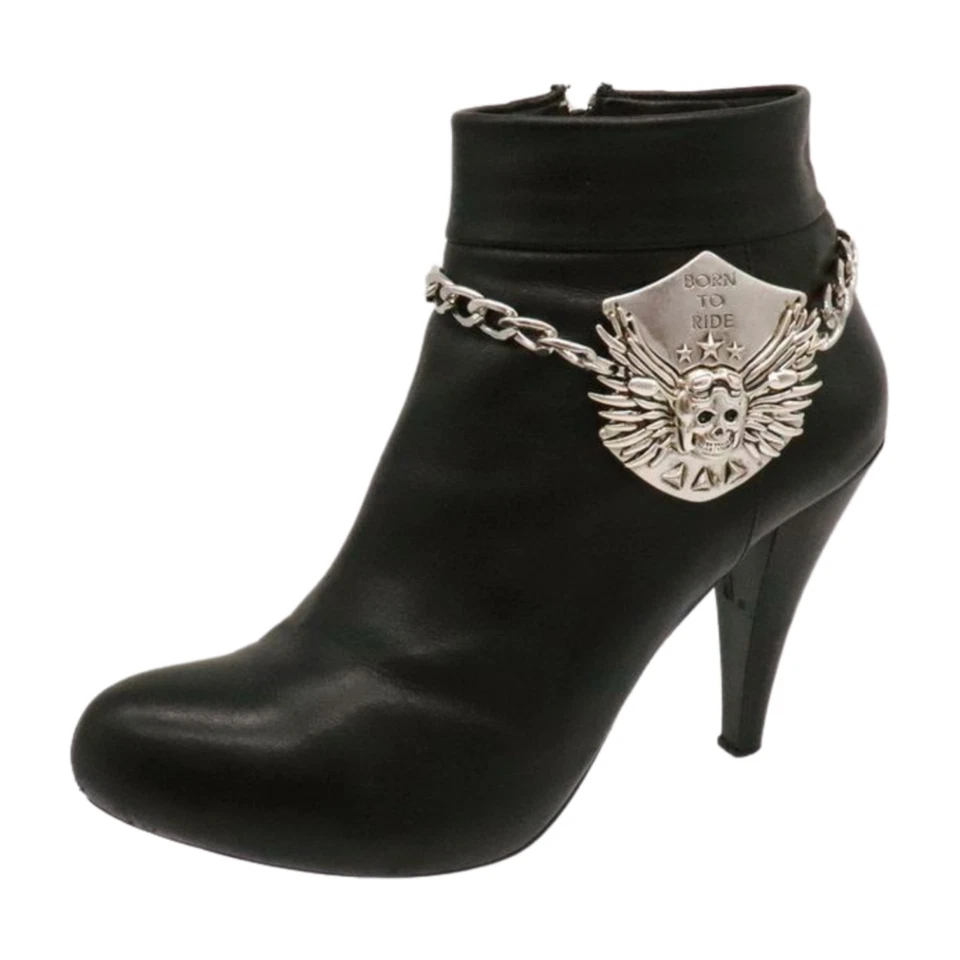 Mujer Plata Bota Cadena Pulsera Zapato BORN TO RIDE Dije Talla Ajustable Tobillera Foto 4 de 4