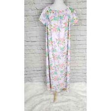 Vintage Purple Pink Tropical Floral Nightgown Nightie Kaftan Keyhole Neck OSFA