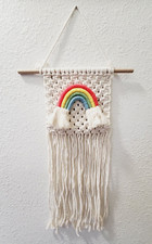 Cute MACRAME Wall Hanging 25" x 12" Neutral Colors Woven Pop Rainbow Decor Craft
