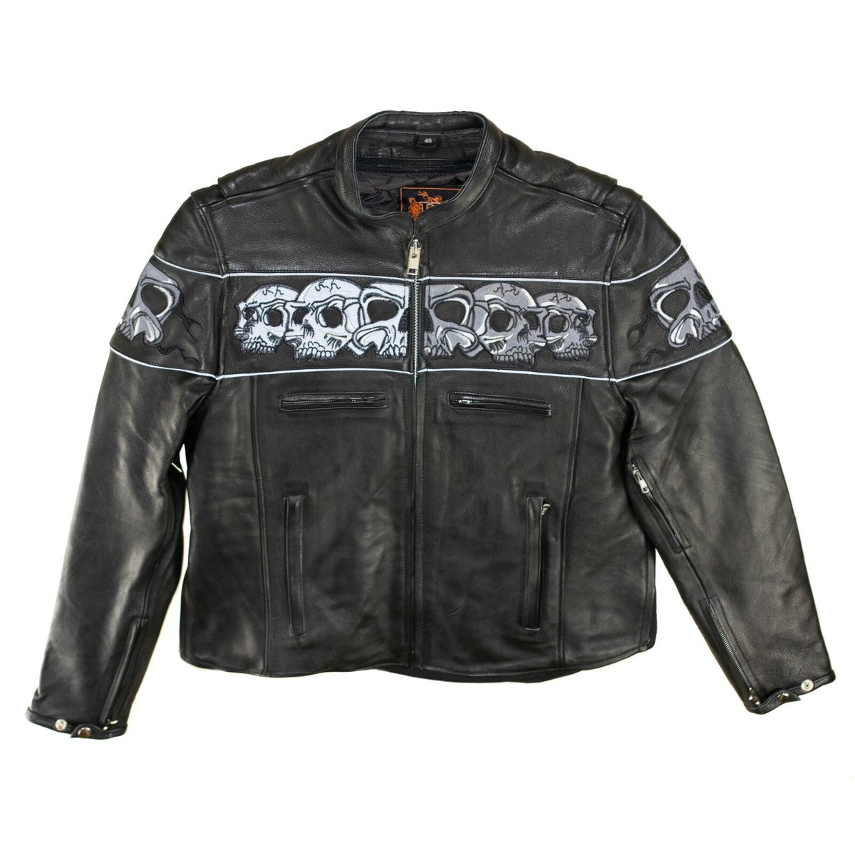 IK Leather - Men's Black Leather Biker Jacket Reflective Skull