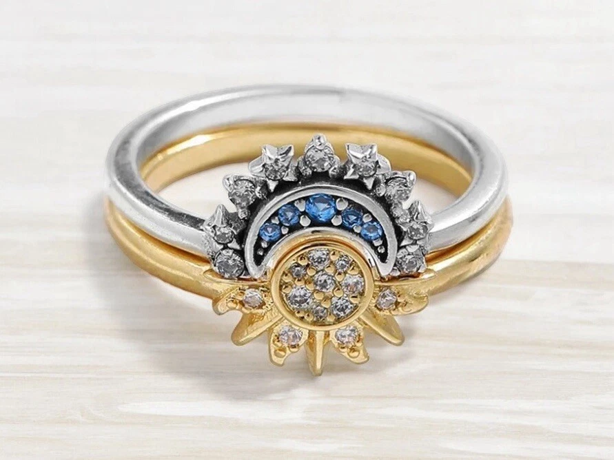 Celestial Sun & Moon Ring Set, Golden Celestial Sun Blue Moon Rings, Unique Ring - Image 2 of 4