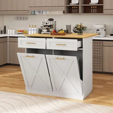 Double 10 Gallon Tilt Out Trash Can Storage Cabinet Kitchen Island with Outlet