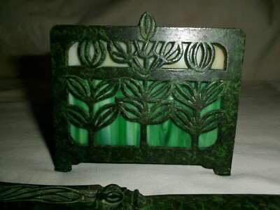TWO ANTIQUE APOLLO STUDIOS BRONZE GREEN GLASS LETTER OPENER KNIFE & RACK HOLDER