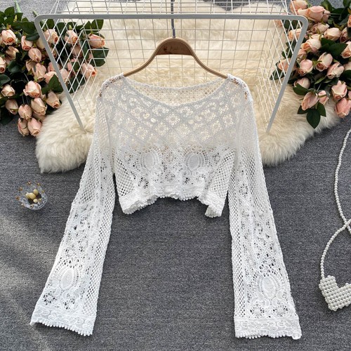 Women Crochet Crop Top Hollow Out Flower Long Sleeve Knitted Blouse Beach Sweet - Picture 6 of 14