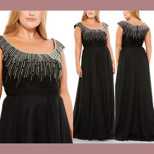 NWT $498 Mac Duggal [ PLUS 16W ] Beaded Cap Sleeve A Line Gown Black #J26
