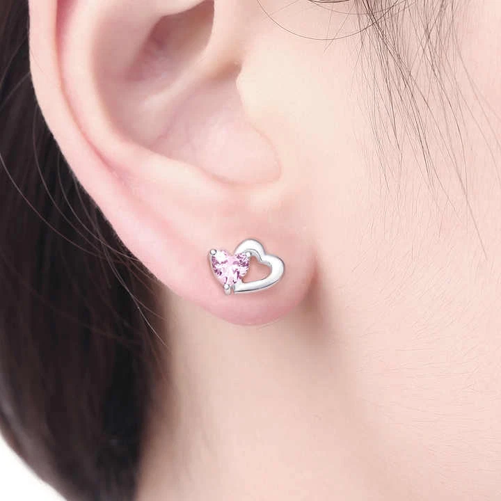 ORECCHINI DONNA ARGENTO 925 CON DOPPIO CUORE IN ZIRCONE CUBICO ROSA - Immagine 3 di 4