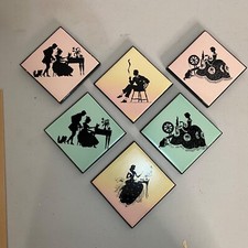 Set oF 6 Vintage Silhouette Art Tiles Pastel Colors Black Art 4" Square