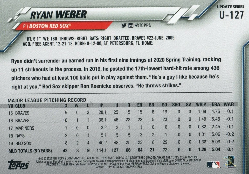 U-127 Ryan Weber Boston Red Sox 2020 Topps Update Baseball Card - Image 2 of 2