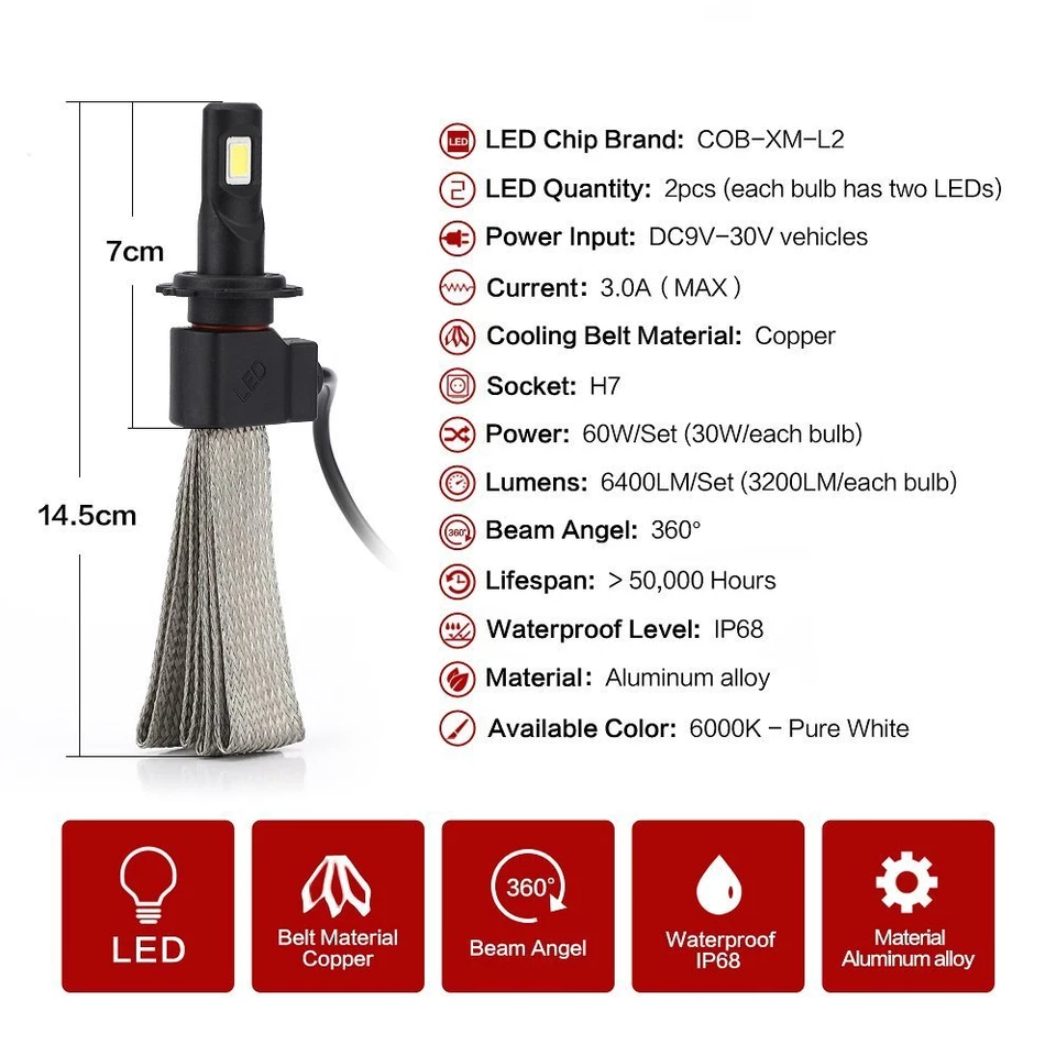 Комплект для переделки светодиодных фар H7 Canbus без вентилятора 12 В 6000K супербелые лампы 2 шт. - Изображение 2 из 4