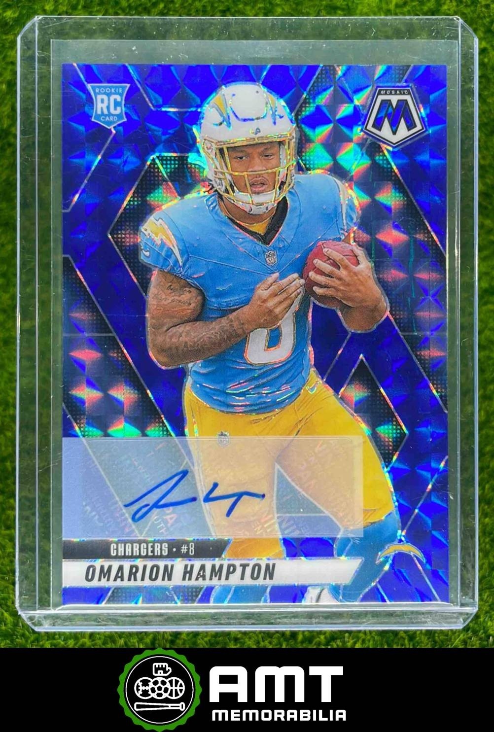 Omarion Hampton RC 2025 Panini Mosaic 64/99 Rookie Auto Blue Prizm Chargers #335