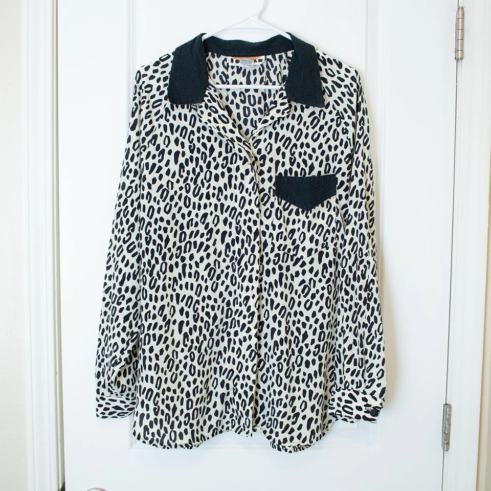 Camisa Colorblock Leopardo Cuello Denim Retro Negro Blanco Botón 13/14 Invierno Oscuro