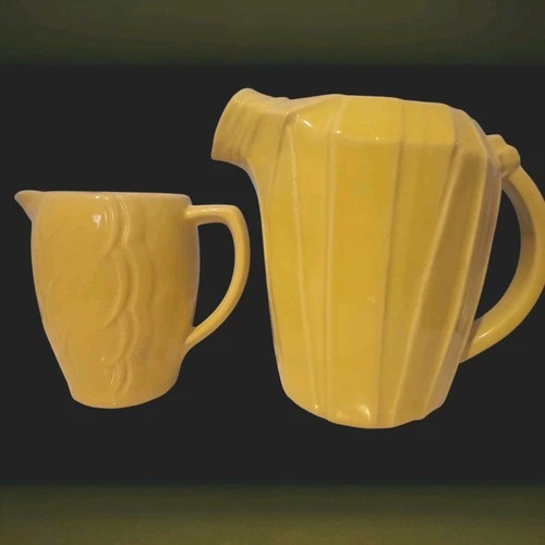2 VTG 1940's McCoy Pottery Pitchers Yellow Reed Strap & Scalloped Tulip Leaf