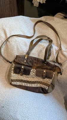 Myra Leather Canvas Woven Sage Green Brown Boho Tapestry Shoulder Tote Bag.