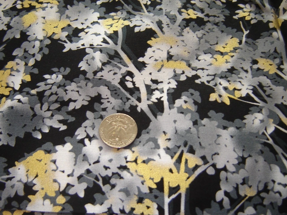 cotton fabric BLACK WHITE color principle HENRY GLASS trees gold highlights 2 yd - Image 2 of 3