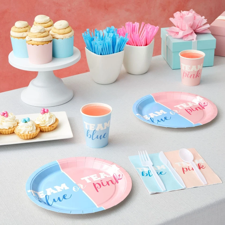 144 Piece Gender Reveal Plates, Napkins, Cups, Cutlery, Team Boy and Team Girl P - Image 2 of 4