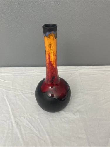 Vtg Royal Haeger Lava Drip Bulb Vase Black Orange Red Glaze MCM 10”
