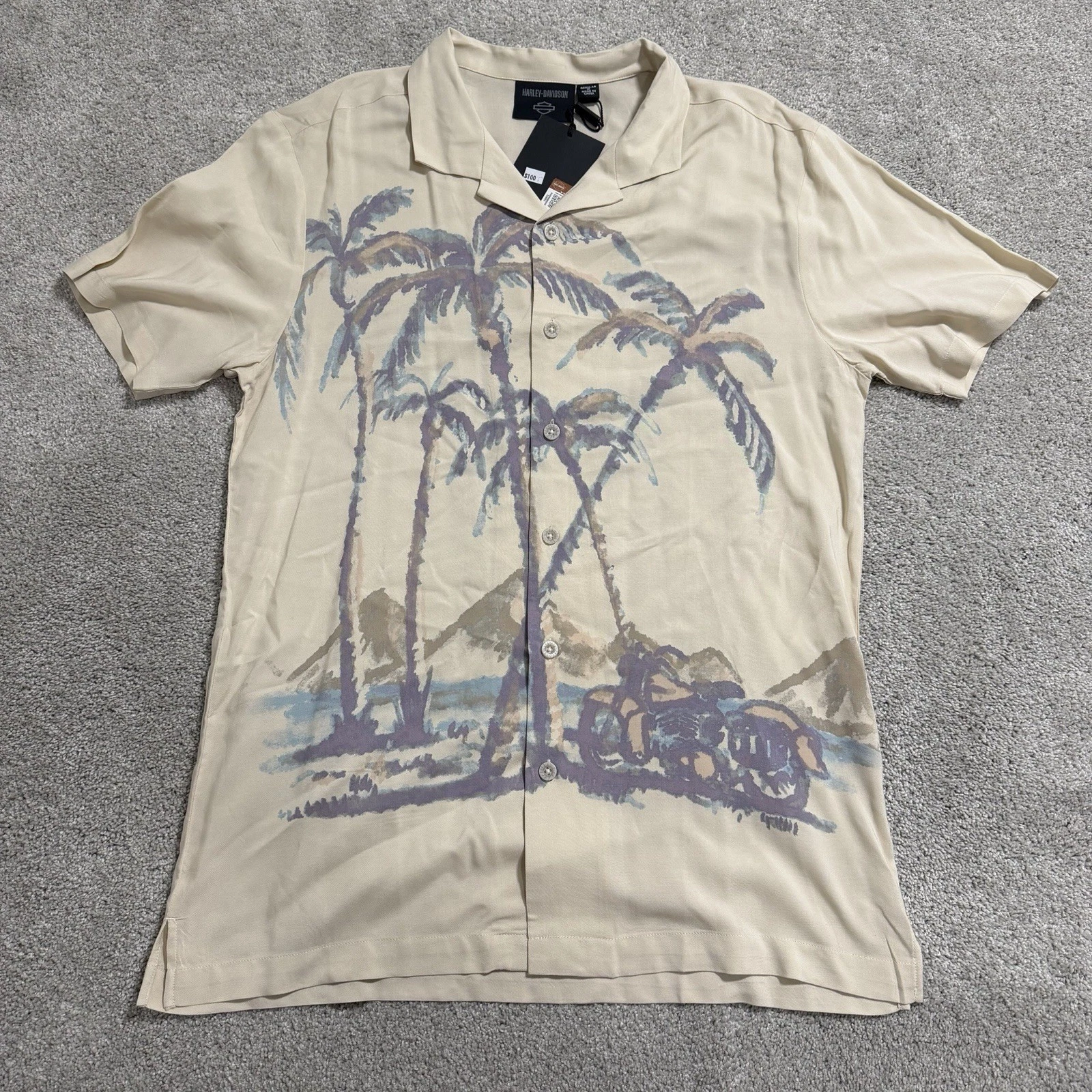 Harley Davidson Hawaiian Shirt Mens Sz M Desert Watercolor Beach Vacation Rayon