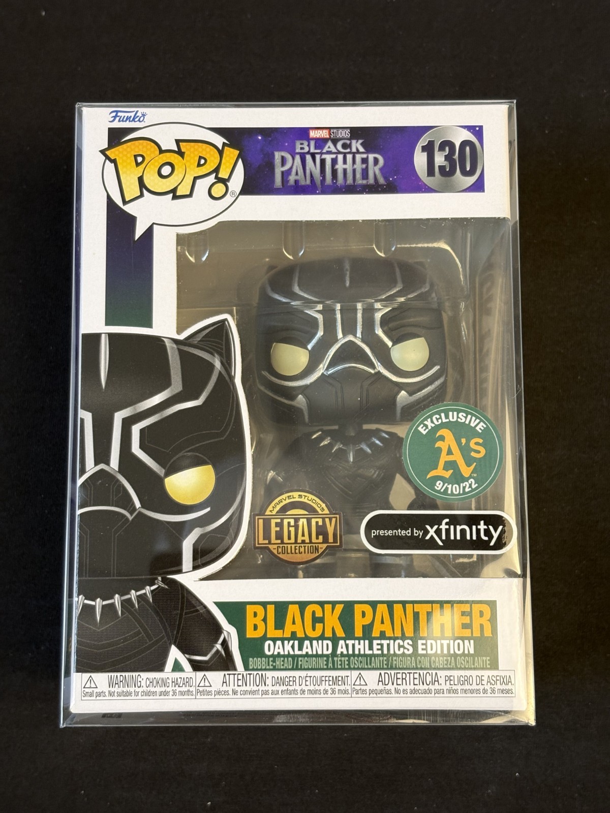 FUNKO POP MARVEL 130 BLACK PANTHER SGA OAKLAND ATHLETICS EXCLUSIVE W/ PROTECTOR