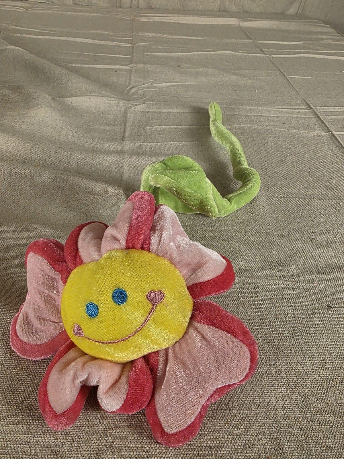 Vintage Bendable Smiley Face Plush Flower Toy Pink Yellow Green
