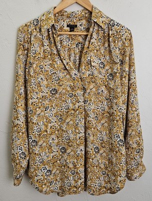 Ann Taylor Womens Size Medium Blouse Yellow Floral Long Sleeve Boho Chic Cottage