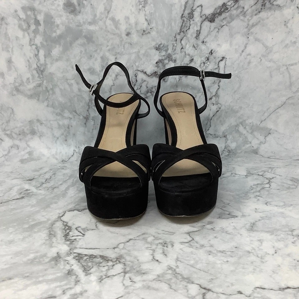 Sandalias de plataforma Schutz talla 8,5B negras nobuck Keefa tacón bloque correa al tobillo A8-1 Foto 2 de 4