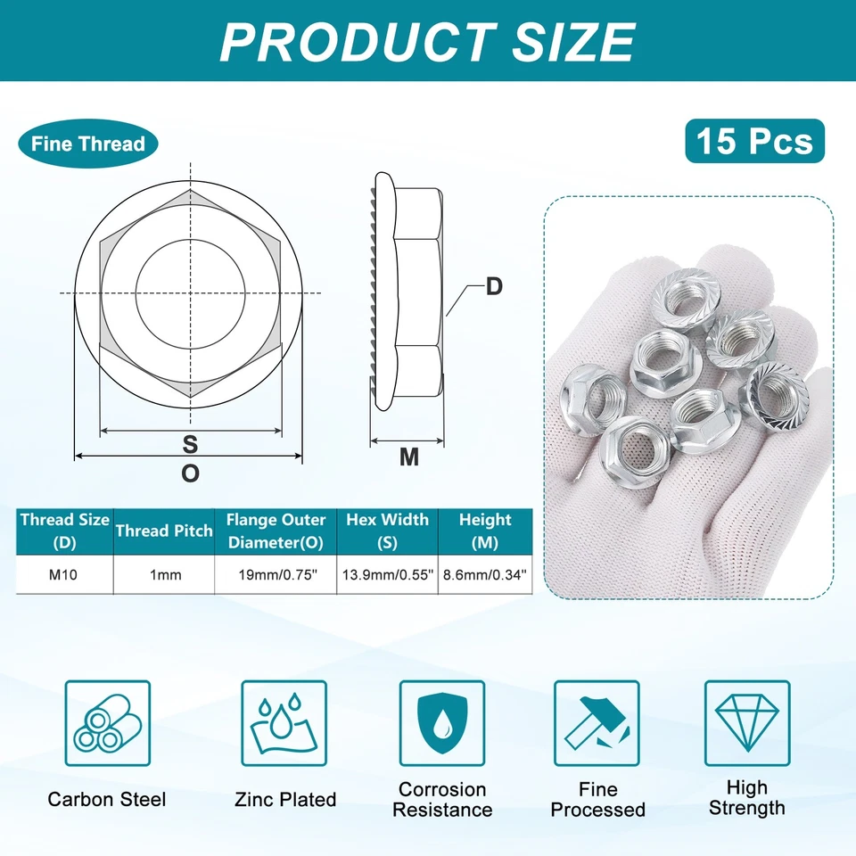 M10x1 mm gezahnte Flansch Sechskant-Sicherungsmuttern, 15 Stück Mutterbefestigungen, silber - Bild 2 von 4