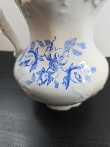 Antique 1893 Wheeling Pottery La Belle 7.5" White Pitcher Blue Flowers - Picture 6 of 9