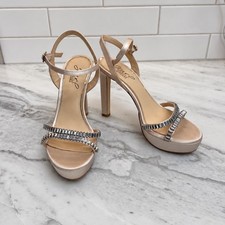 Jewel Badgley Mischka Gallant Champagne Satin Crystal Platform Sandals Heels 6