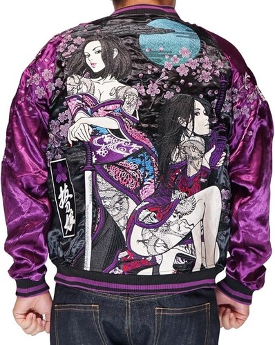 Unbenutzte Battou Musume Sukajan Jacke Samurai Mädchen bestickt schwarz lila XXL - Bild 1 von 5