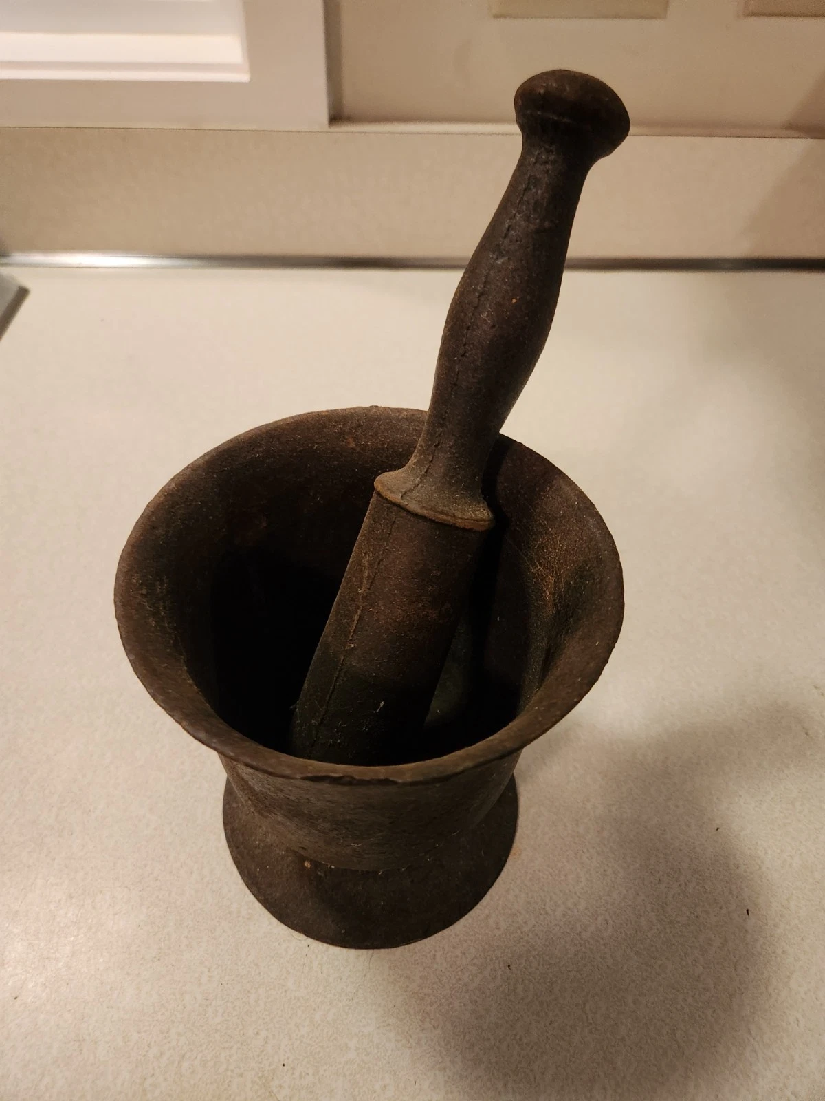 Antique cast iron mortar and pestle 6" tall