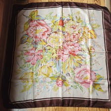 Vintage Scarf 33" X 33.5" Beautiful And Unique Floral With Dark Brown Border 