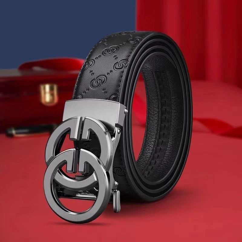 MARKENLOS Belt Men's High-End Alloy Automatic Buckle Cowhide Embossed Simple Pants Belt