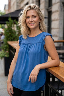 LOFT Boho Chic Cornflower Blue Flutter Sleeve Top | Pleated Front Breezy Size XL