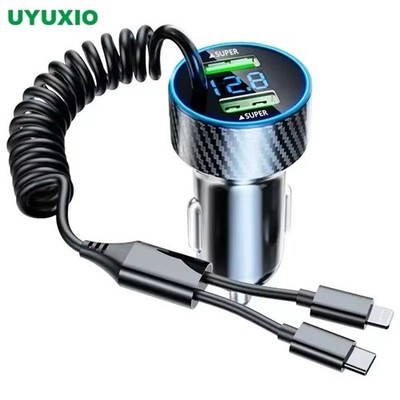 4 in 1 USB Car Charger Retractable Cable LED Voltage Fast Charge iPhone Samsung