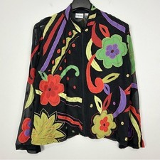 Vintage Chico  s 100 Silk Appliqu  Jacket Women  s Size L Zip Front Sheer Artsy