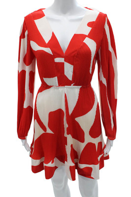 Milly Women Fit & Flare Red V-Neck Long Sleeve Geometric Polyester Dress Size 2