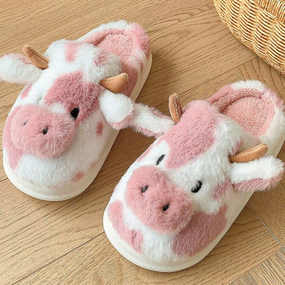 Flauschige Cartoon Kuh Hausschuhe Damen Plüsch warm süß Winter Plateau Heim Schuhe
