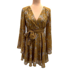 Free People Lilou Floral Mini Faux Wrap Dress Toffee Combo Small Bell Sleeve