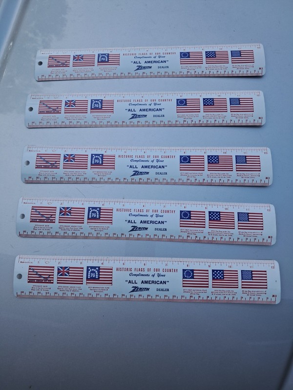Lot Of 5 Vintage Zenith All American Patriotic Metal Advertising Rulers. 