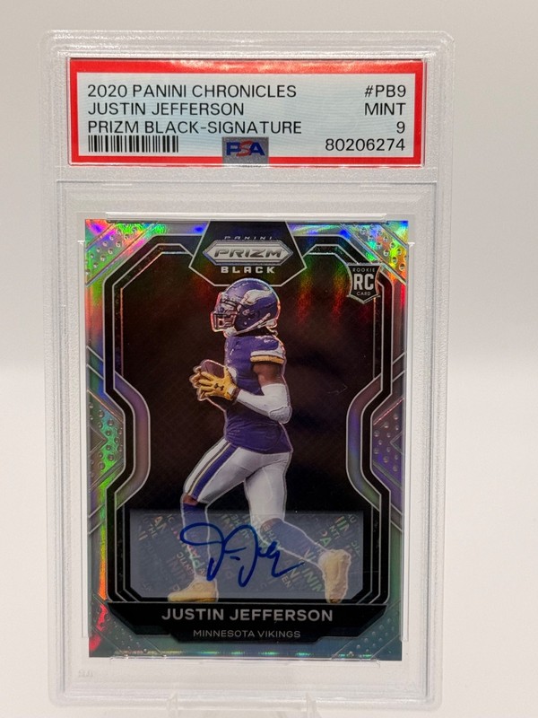 2020 PANINI CHRON. PRIZM BLACK SIGNATURE JUSTIN JEFFERSON ROOKIE VIKINGS PSA 9🔥