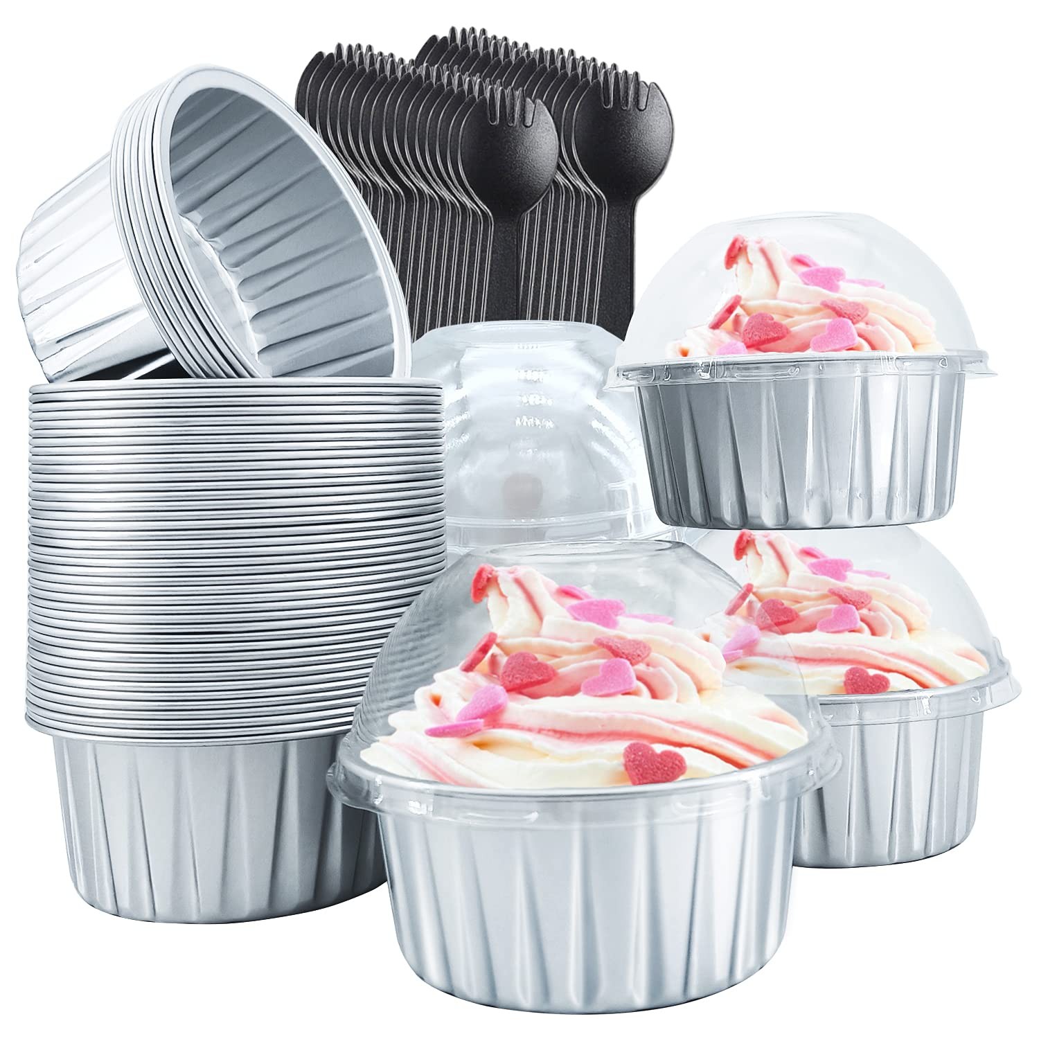 50-Pack 5Oz Dome Lid Cupcake Liners, Free-Air Aluminum Foil Baking Cups-image