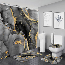 4 Pcs Black Marble Shower Curtain Set Grey Modern Abstract Bathroom Sets